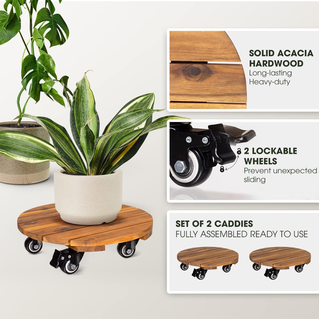 2 Cajas Madera Acacia 12" Ruedas 264lb Soporte Plantas
