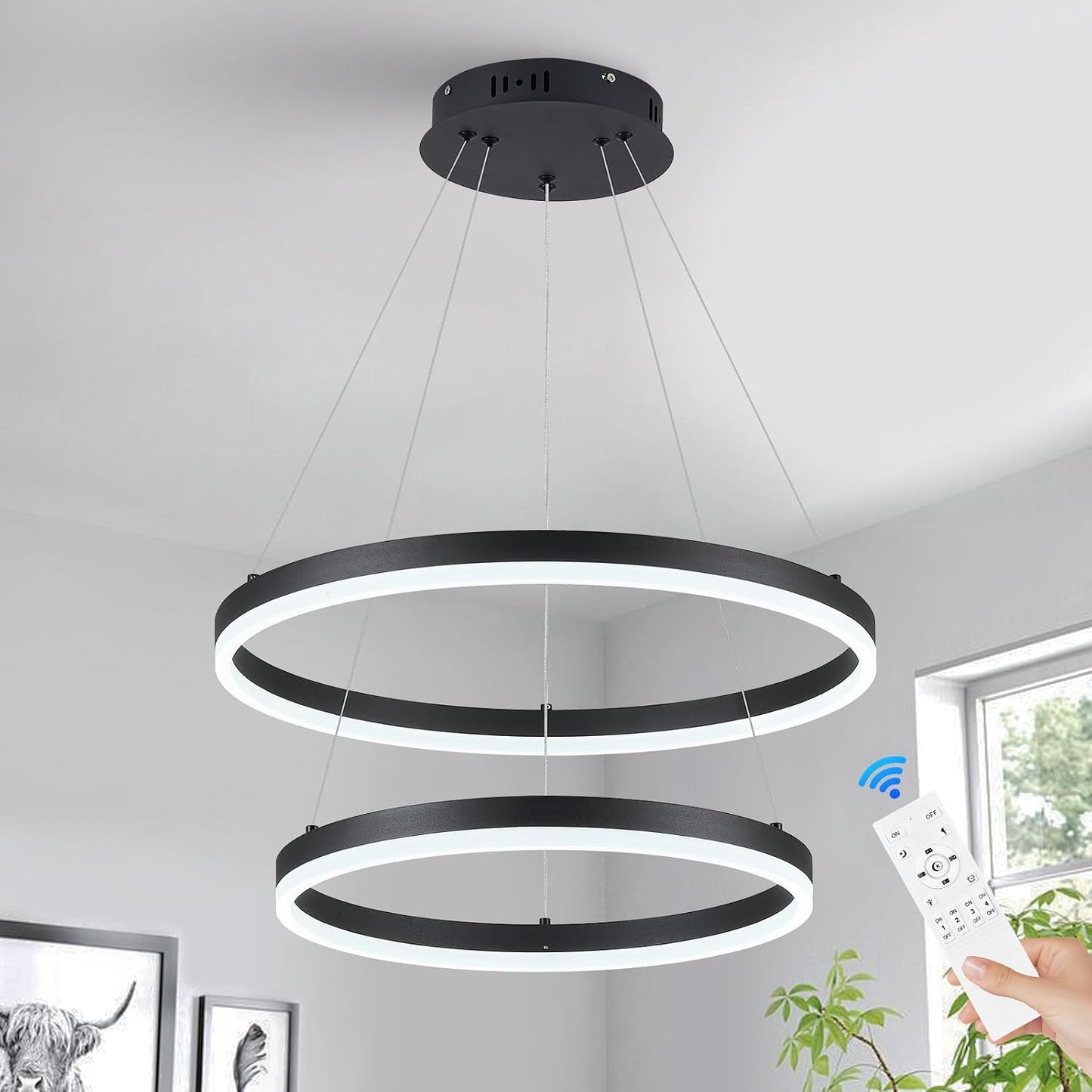 Candelabro LED 2 anillos negro para comedor sala entrada