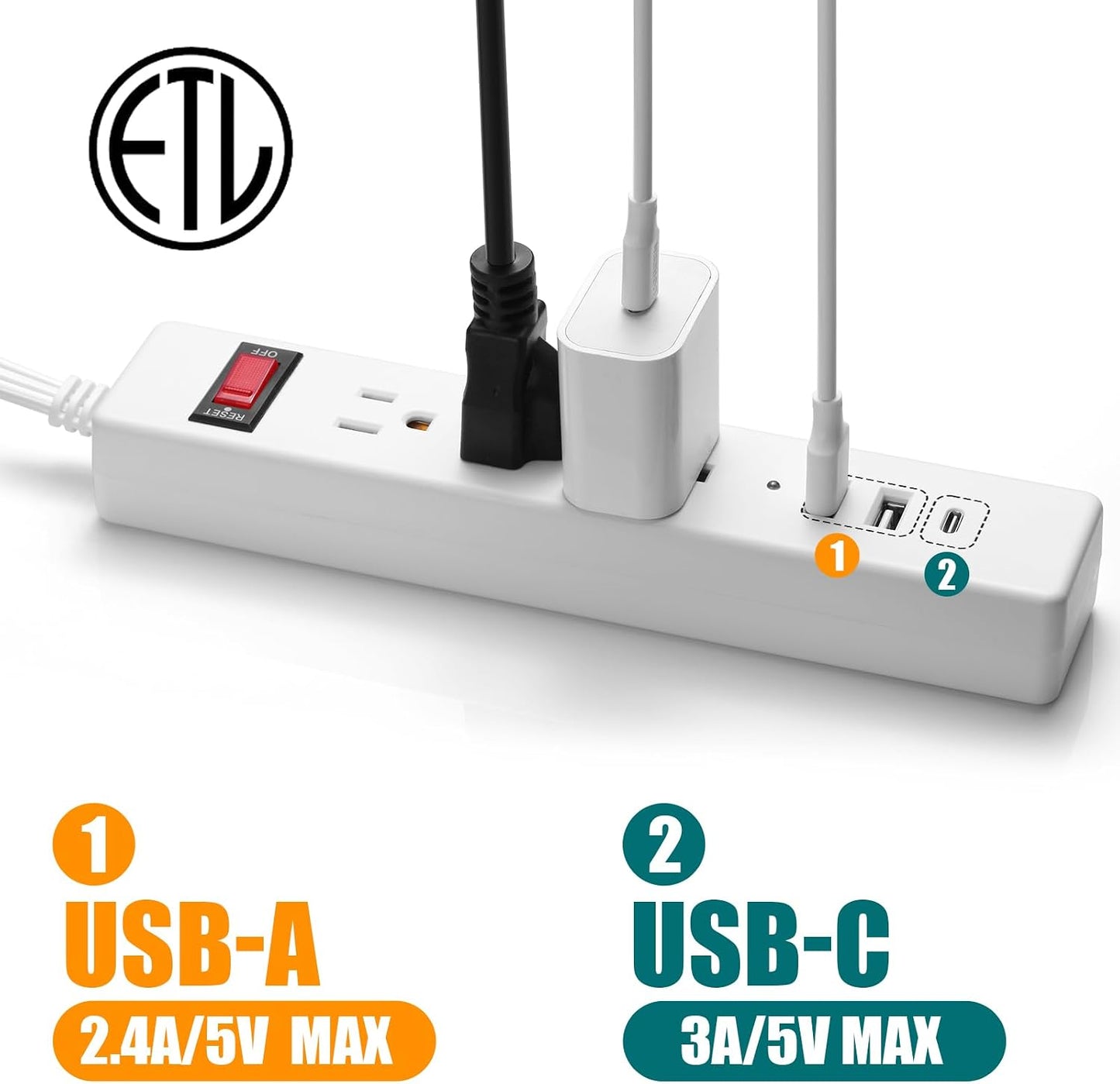 Cable extensión enchufe plano 6ft 3 tomacorrientes CA 3 puertos USB