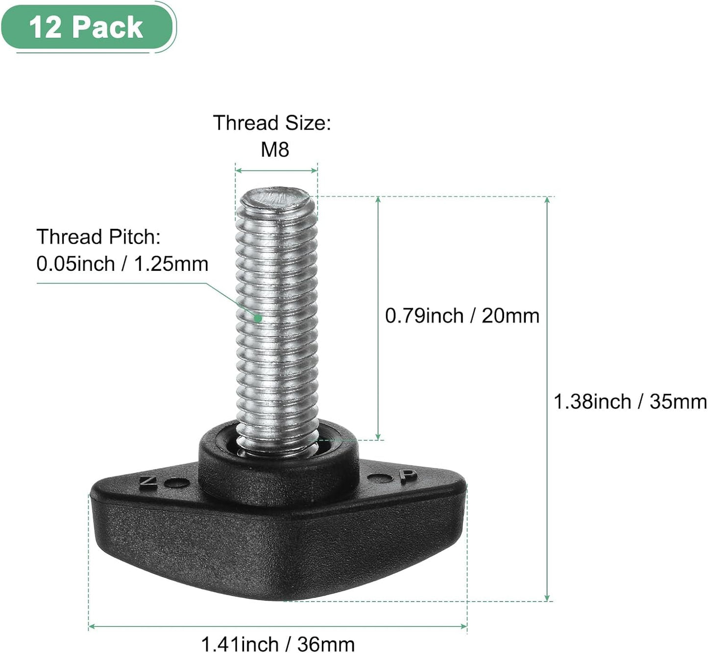 12 Pomos T M8x20mm Plástico Negro Carpintería