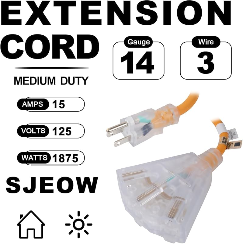 Cable extensión 50ft 14/3 amarillo 3 salidas enchufe led