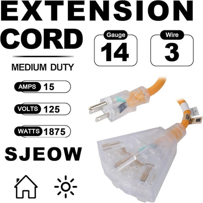 Cable extensión 50ft 14/3 amarillo 3 salidas enchufe led