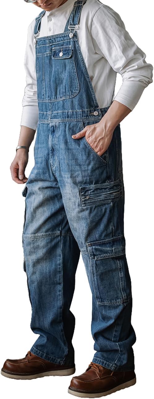 Overol mezclilla para hombre holgado con bolsillos cargo