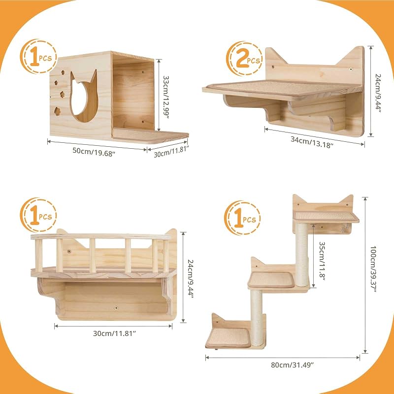 Estantes pared gatos 9 Pzas perchas 2 postes sisal escalera