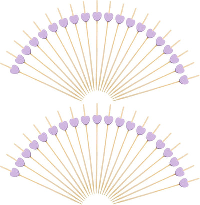 100 Palillos Bambú 4.7pulg Brochetas Frutas Bebidas Corazón Morado
