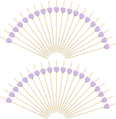 100 Palillos Bambú 4.7pulg Brochetas Frutas Bebidas Corazón Morado