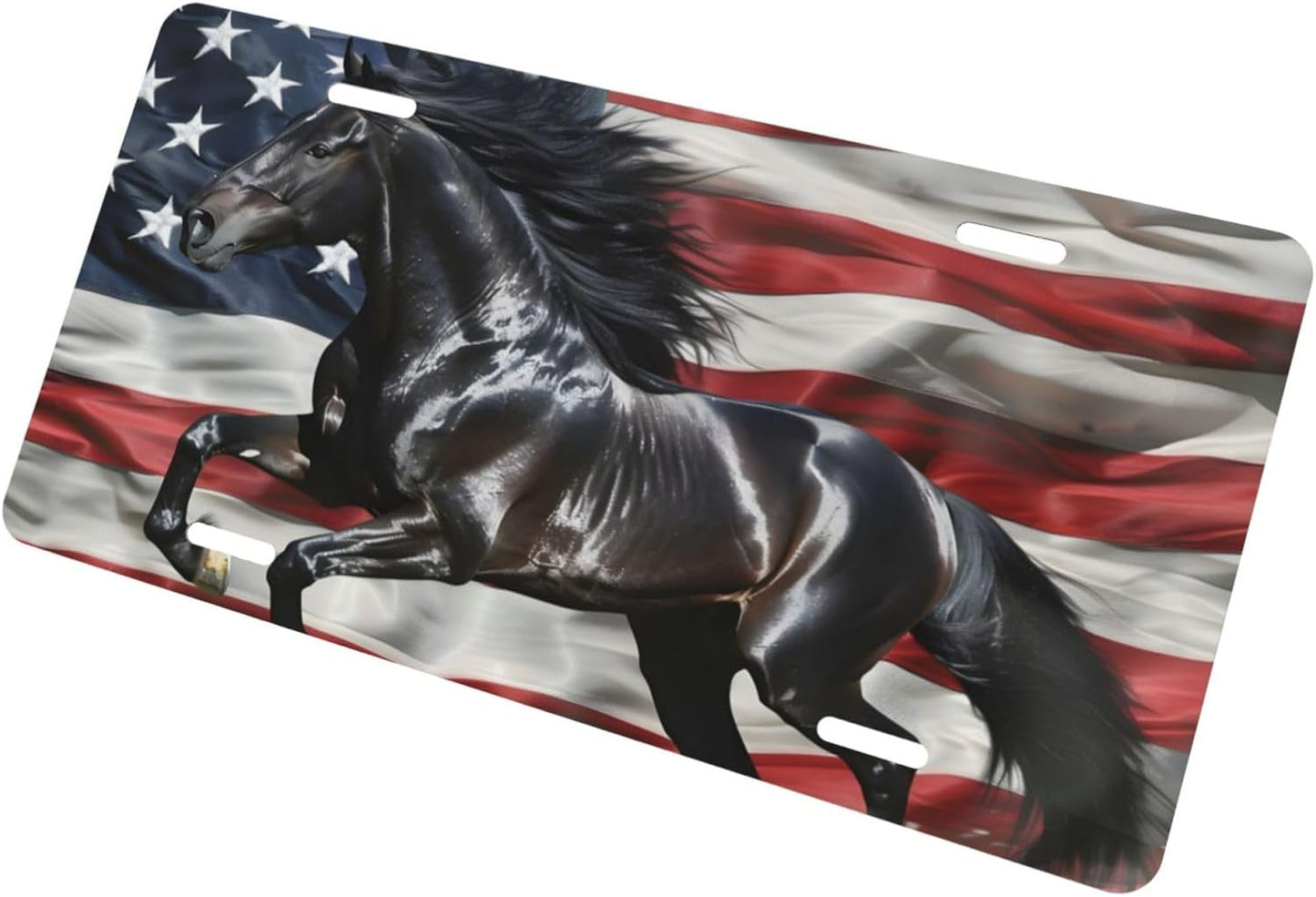 Placa matrícula aluminio caballo negro bandera americana