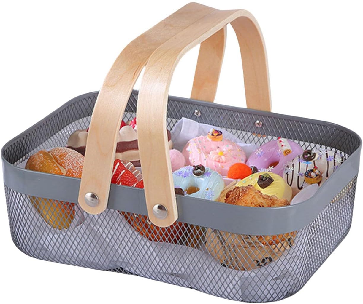 Cesta acero malla mango madera para cocina jardín