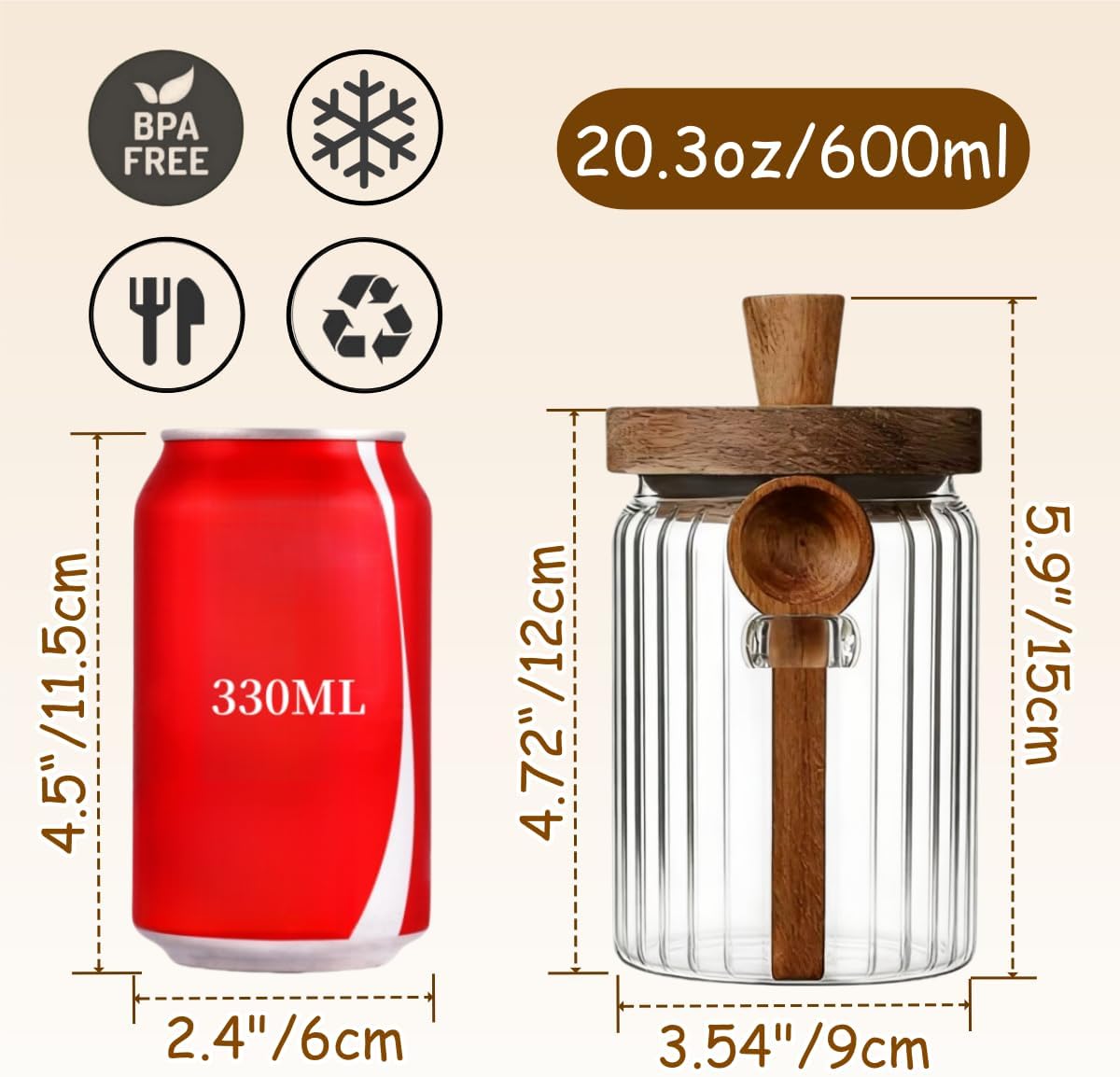 Tarro vidrio con tapa y cuchara madera 20.3oz para almacenar café