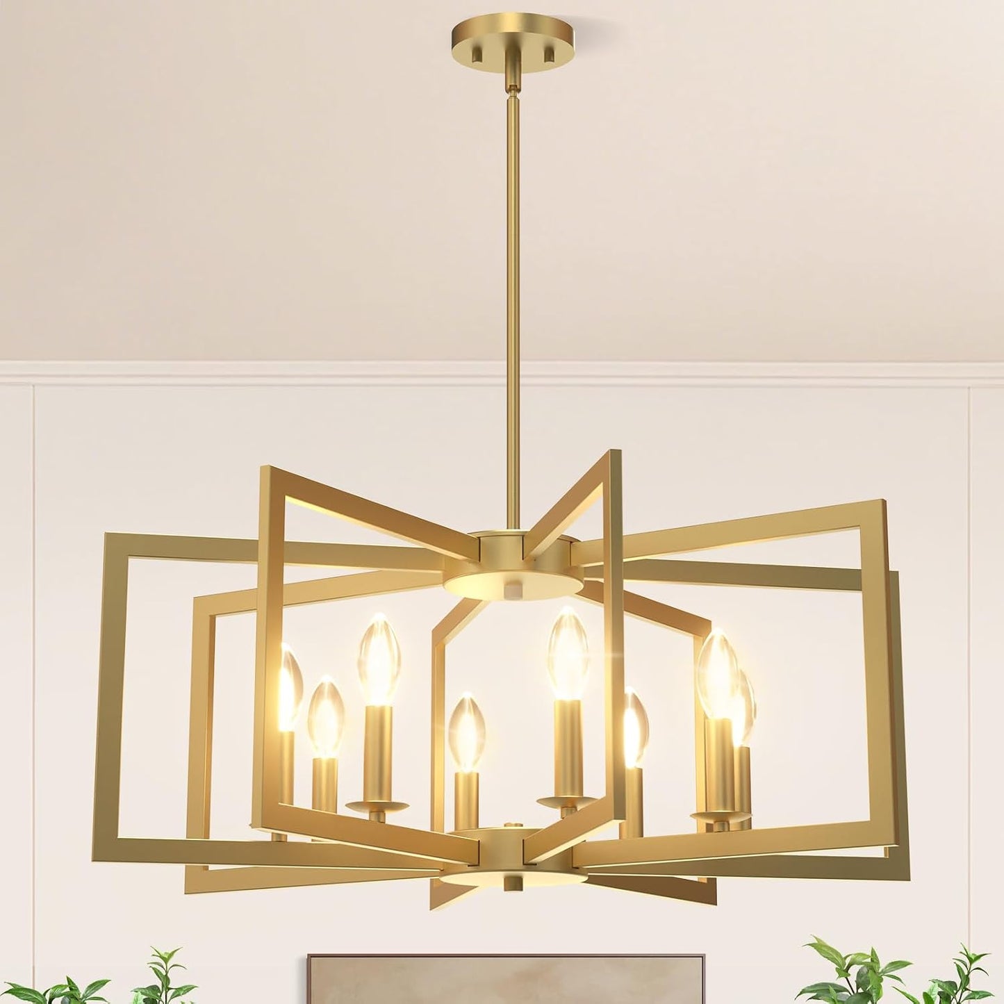 Candelabro dorado 8 luces geométricas para comedor y cocina
