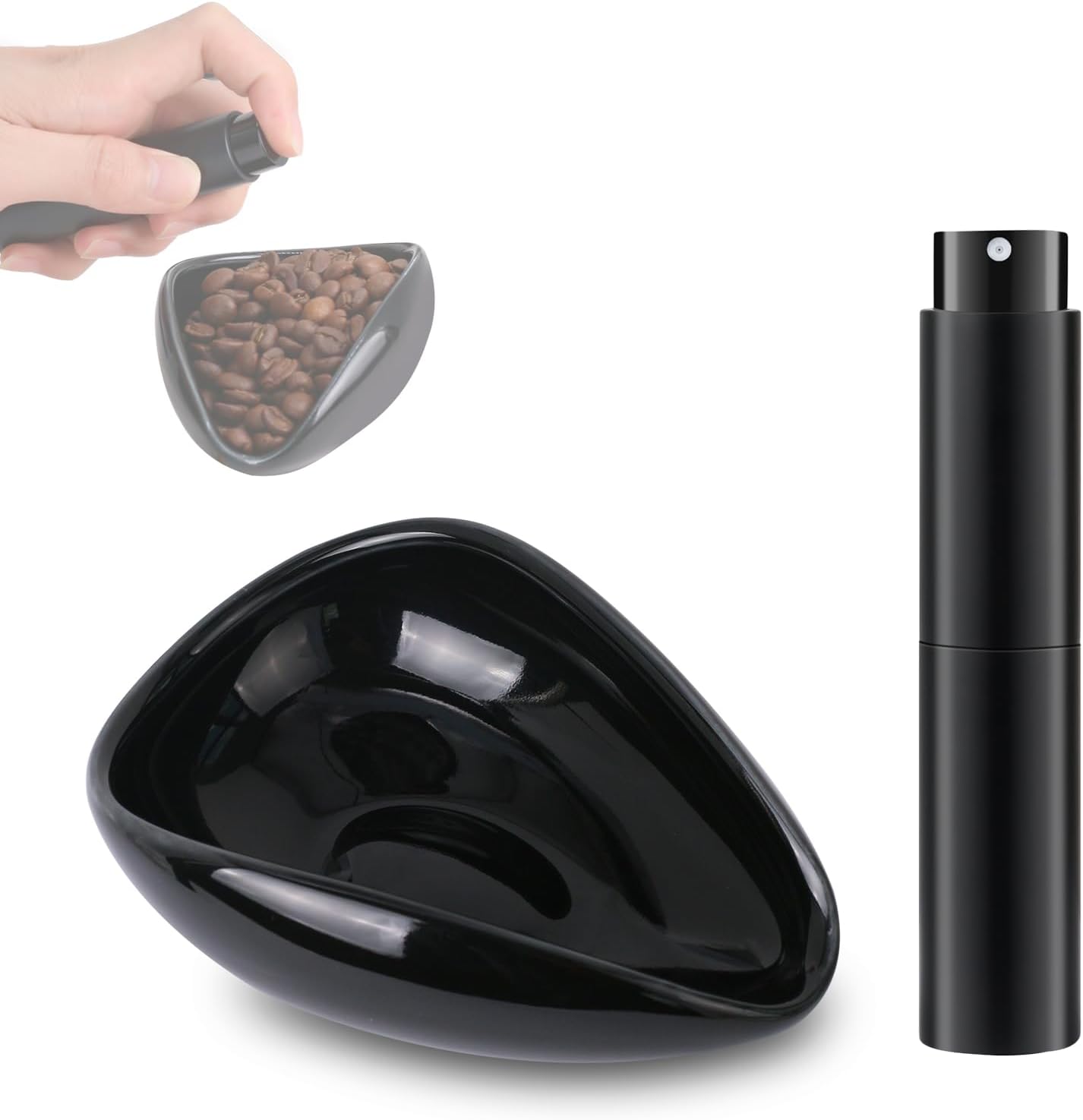 Kit taza dosificadora café y botella spray cerámica estática negro