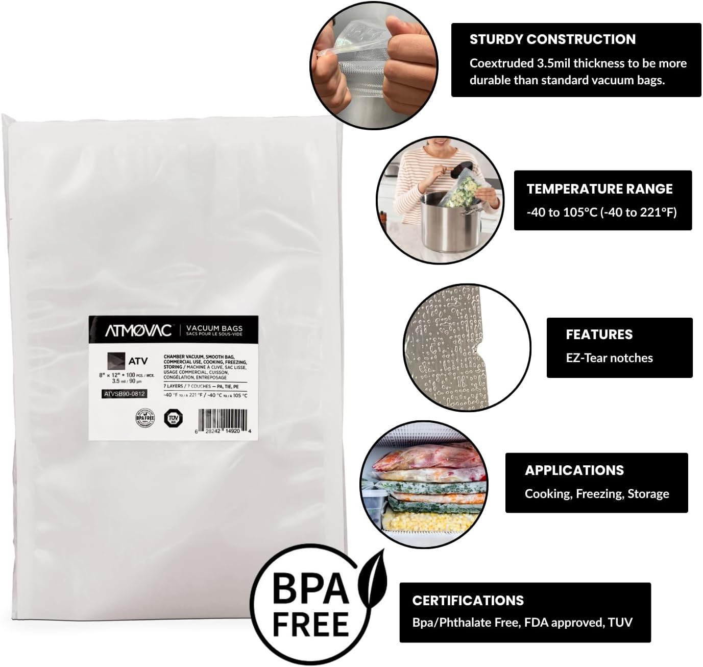 Bolsas selladoras al vacío sous vide 8x12pulg 100uds sin BPA