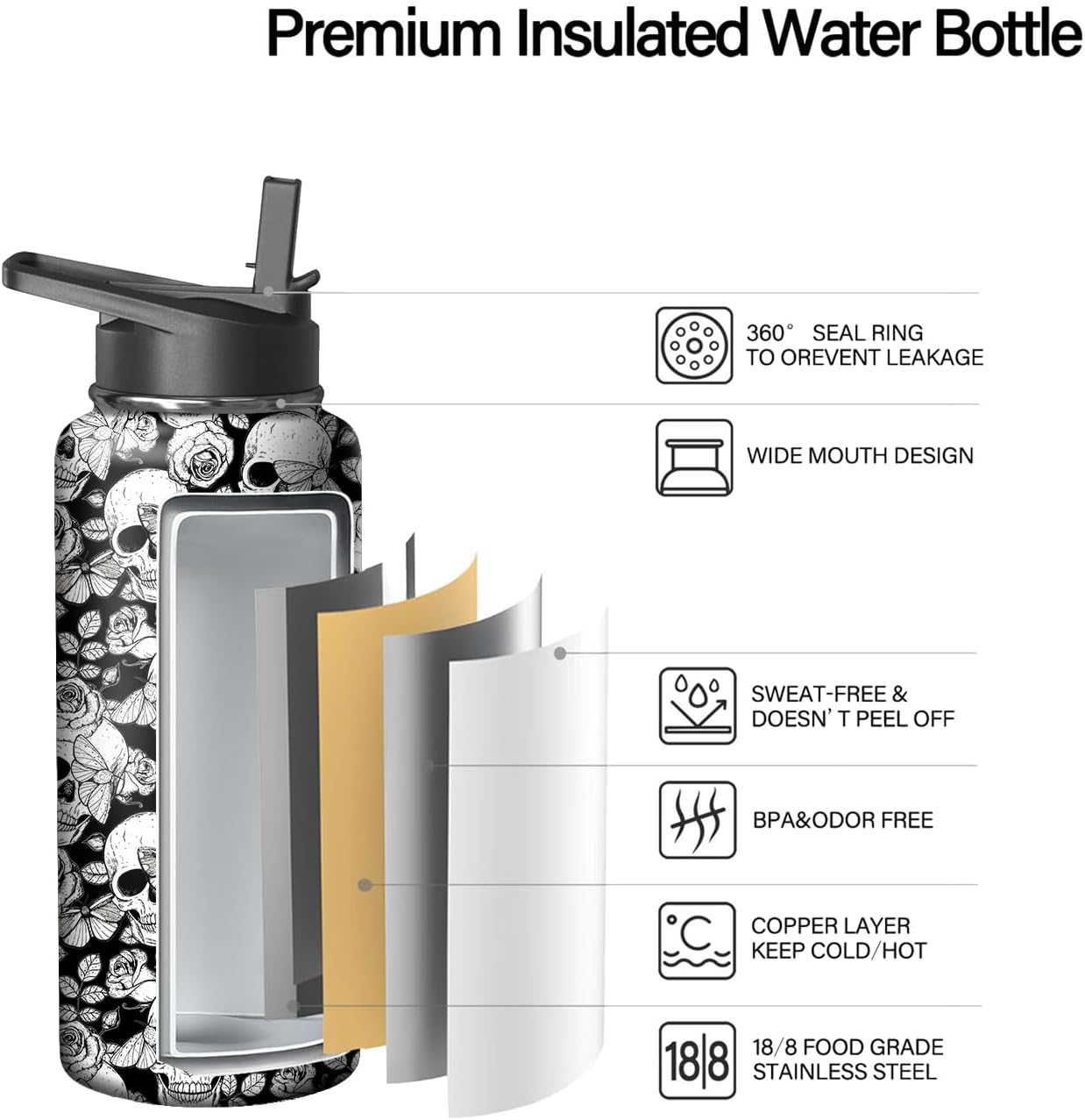 Botella agua acero inox calavera pajita 18oz regalo