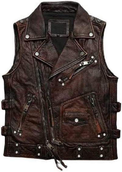 Chaleco cuero vaca clásico 50s para motociclista