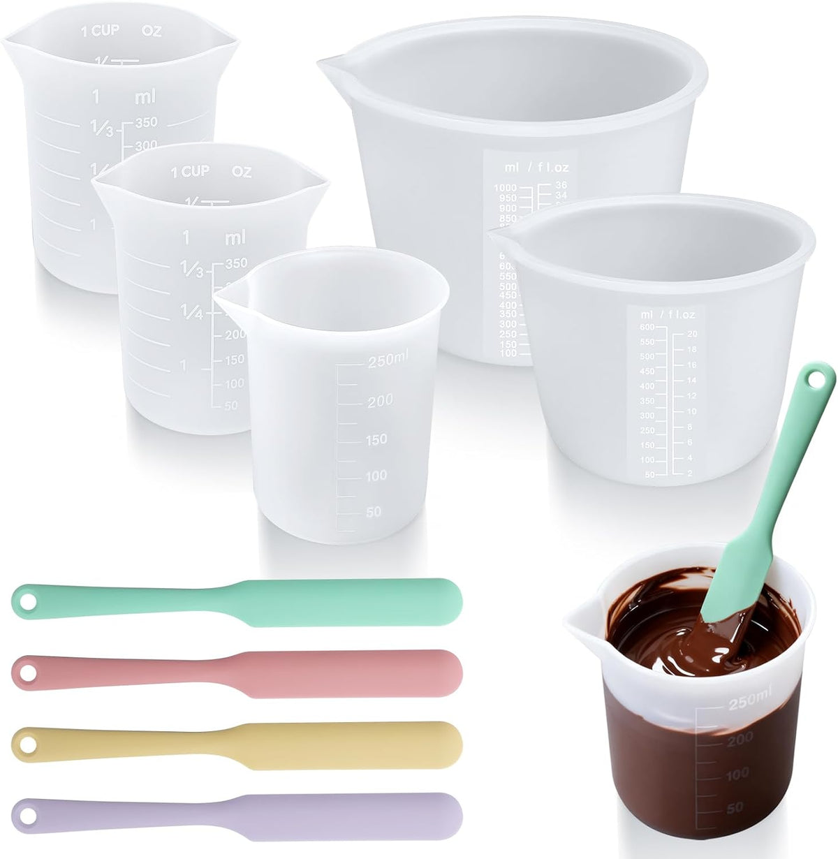 Set 6 Tazas Silicón Derretir Chocolate 8.5-33.8oz y 4 Espátulas Antiadherentes