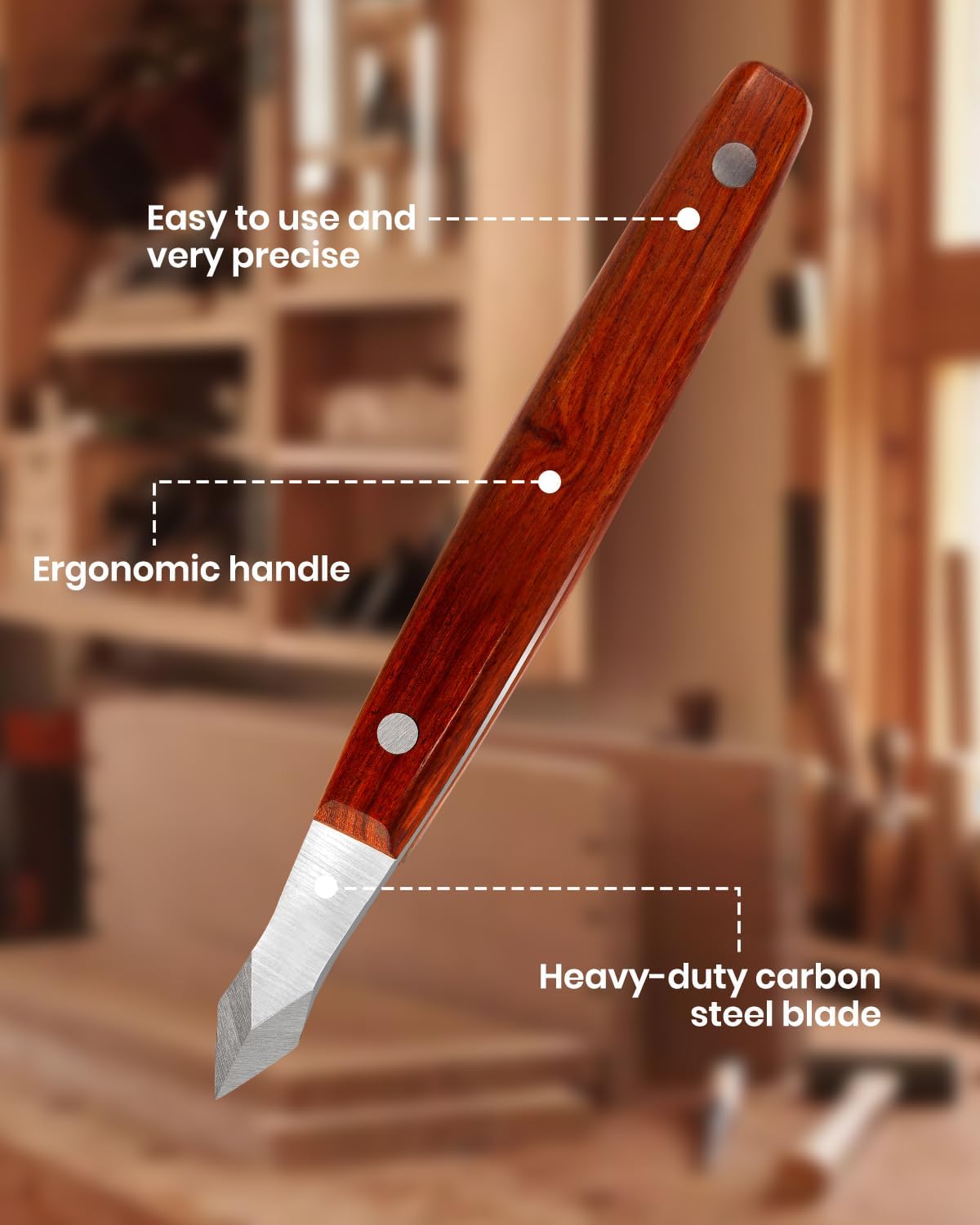 Cuchillo carpintería hoja doble bisel acero carbono mango madera