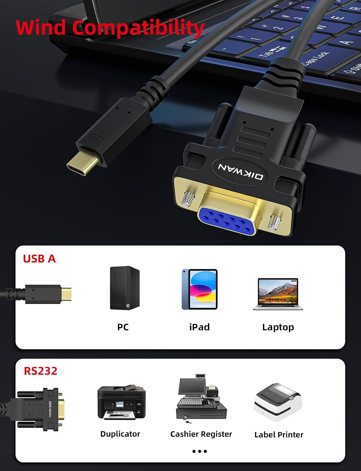 Cable USB-C a RS232 DB9 hembra 6 pies con chipset FT232