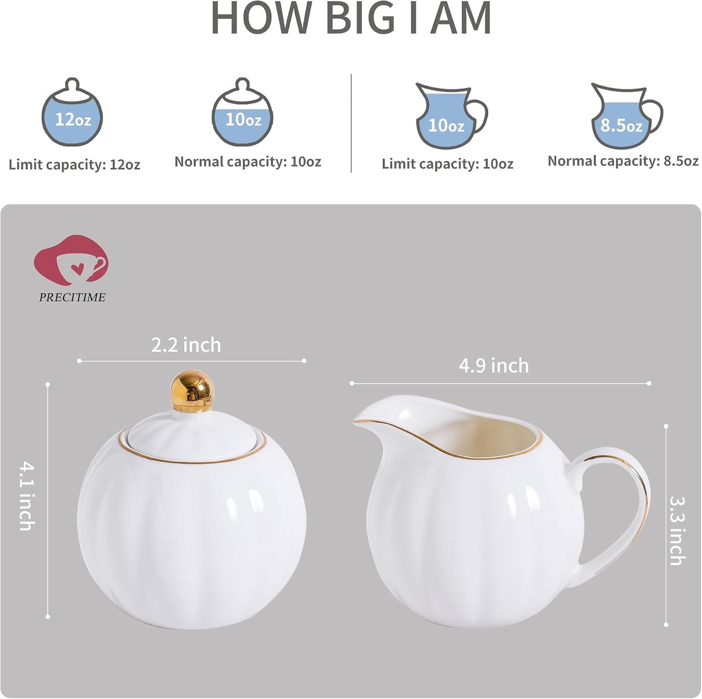 Juego azucarero y jarra leche porcelana blanca y dorada 12oz 10oz