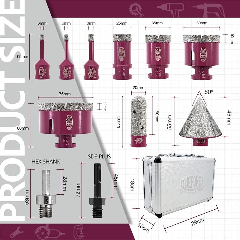 Set brocas diamante 11 pzas sierra agujero 6/8/25/35/50"