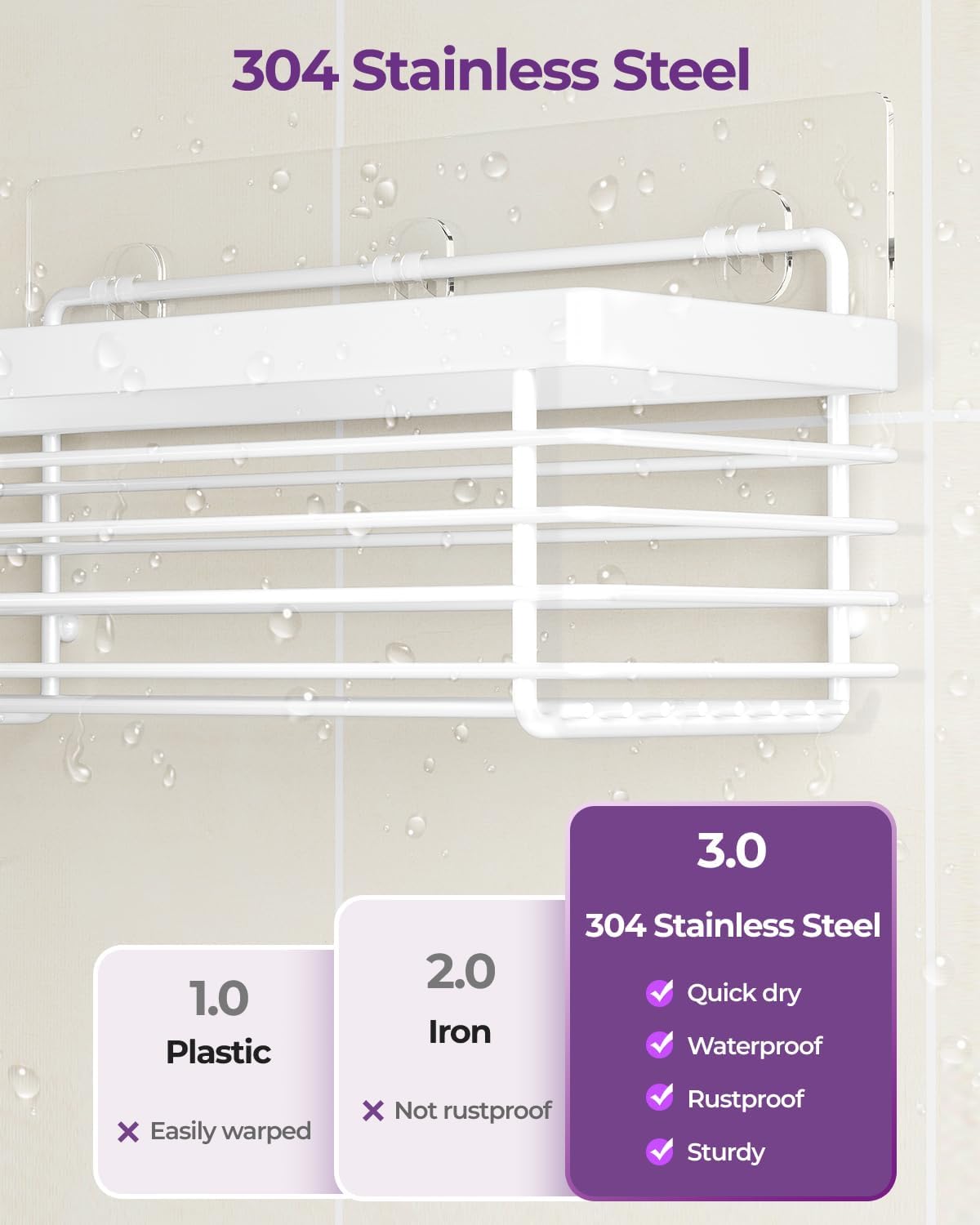 Organiz. ducha acero inox estantes adhesivos 3 pzas