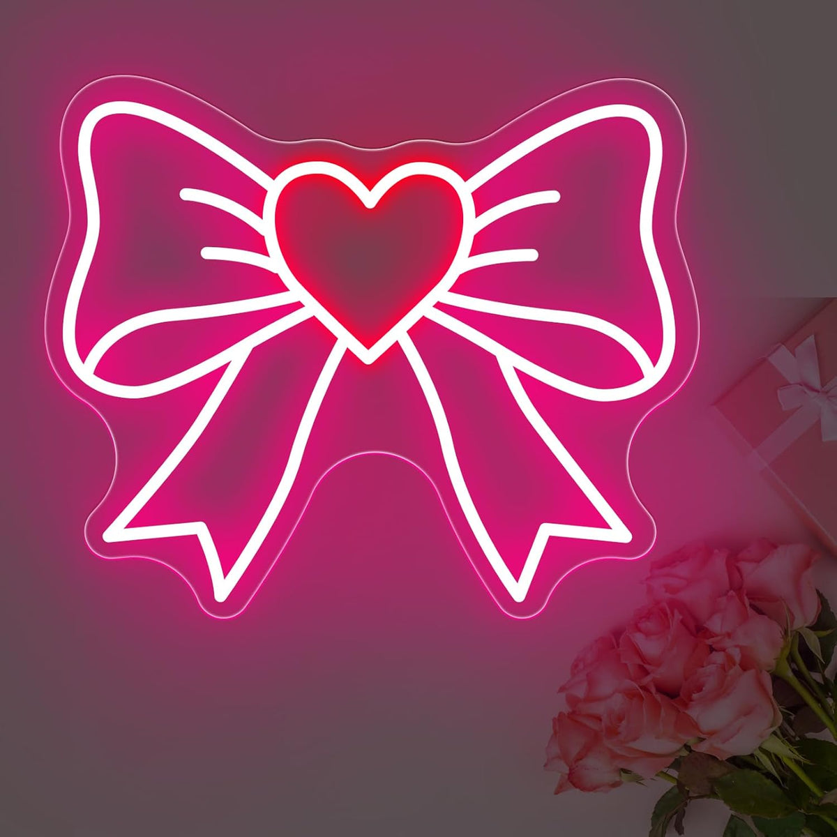 Letrero neón corazón lazo rosa LED para niñas dormitorio