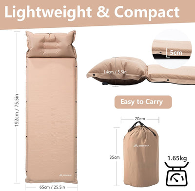 Colchoneta autoinflable espuma gruesa con almohada camping