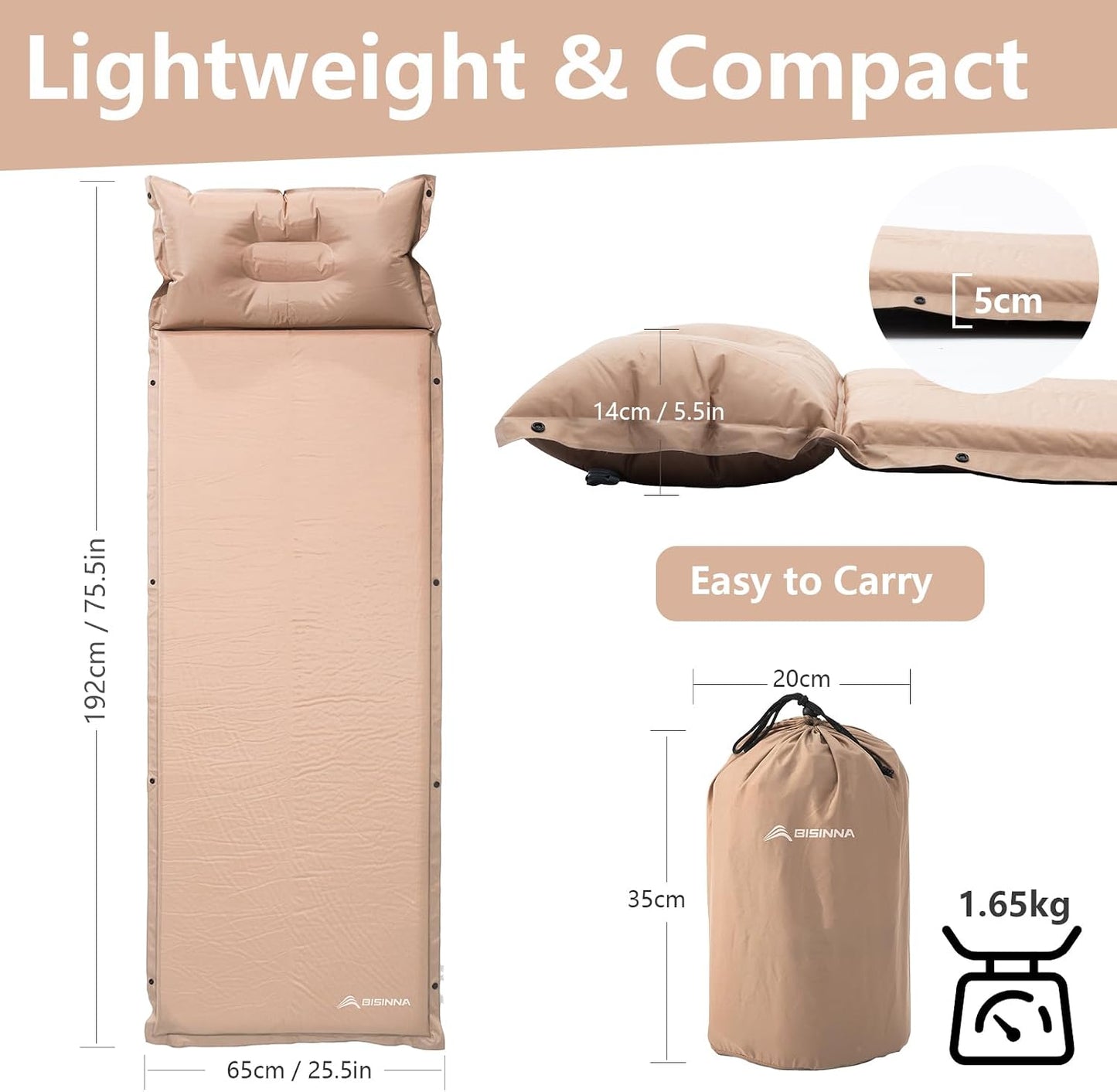 Colchoneta autoinflable espuma gruesa con almohada camping