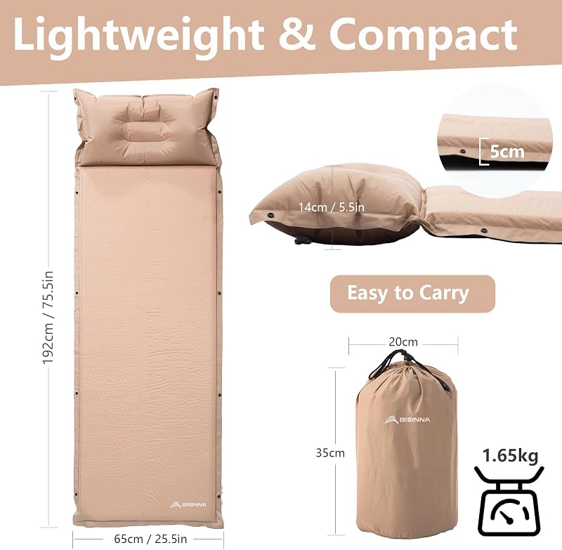 Colchoneta autoinflable espuma gruesa con almohada camping