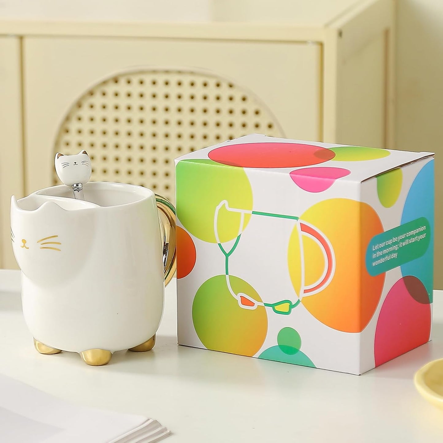 Taza café cerámica con soporte té y cuchara para gatos