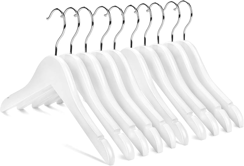 Perchas madera muescas gancho cromado 10 pzas blanco