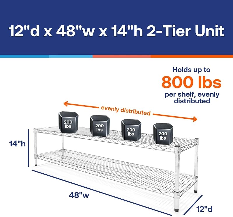 Estantería alambre cromado 12x48" 2 niveles 800lb