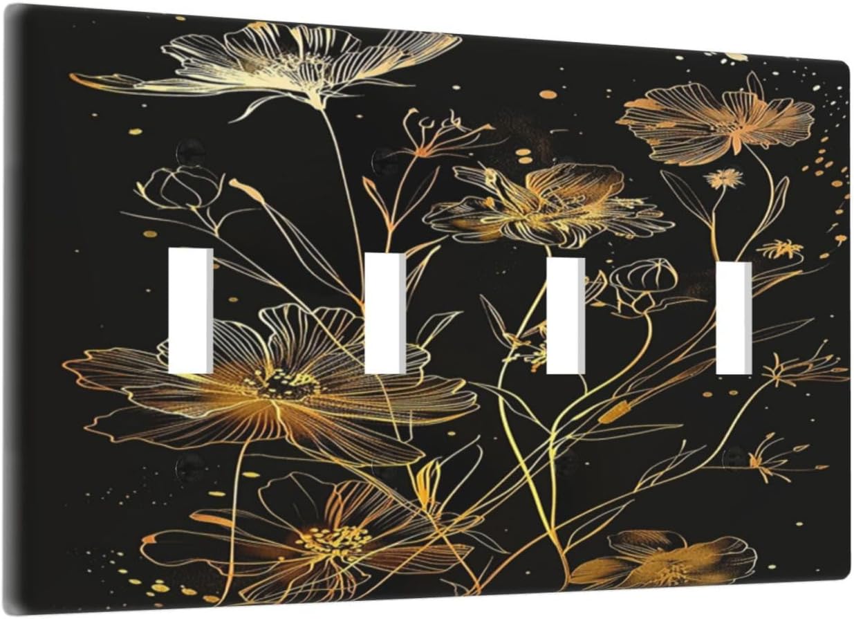 Placa interruptor cuadruple decorativa flores oro negro