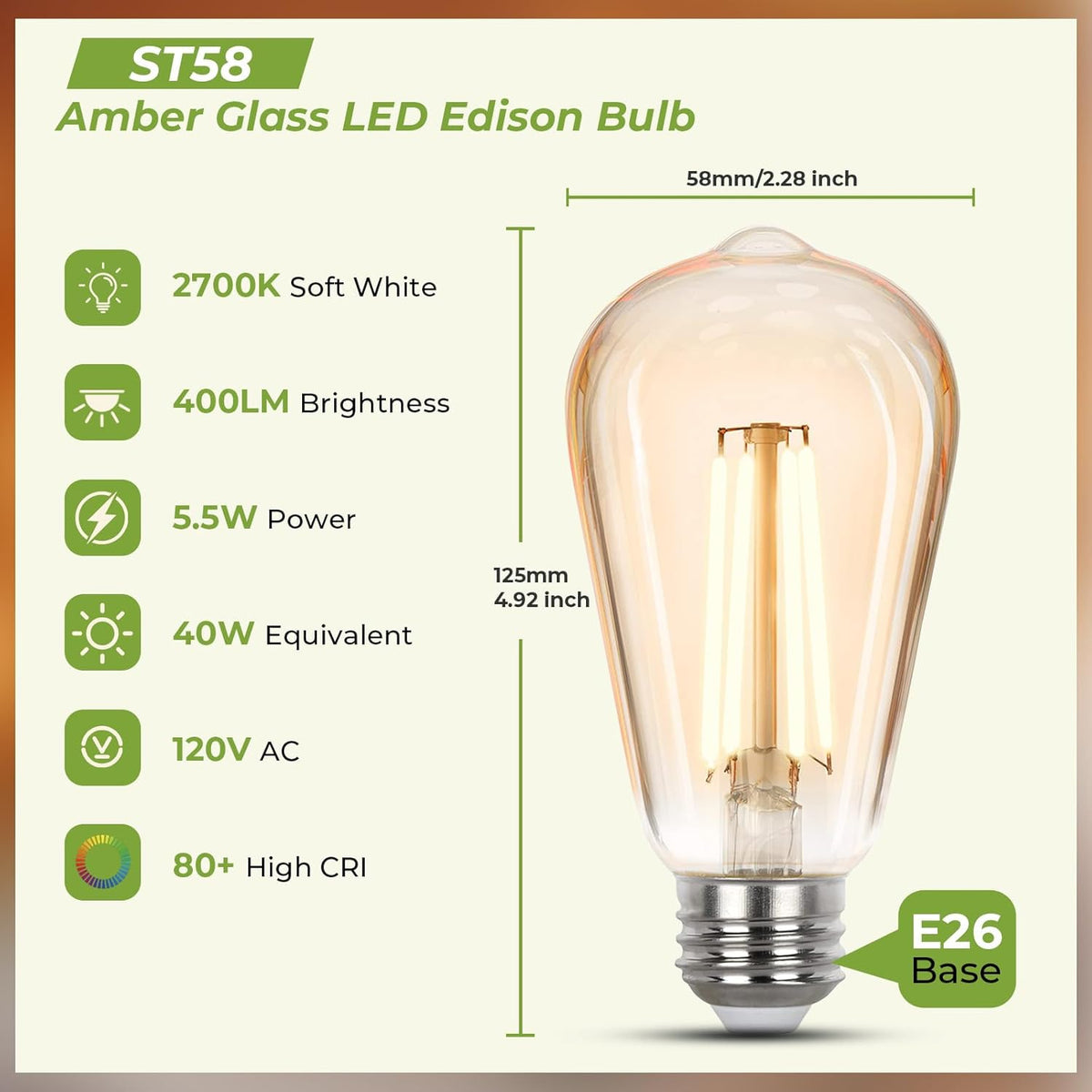 Bombilla LED Edison E26 Regulable 2700K Vidrio Ámbar Pack 4