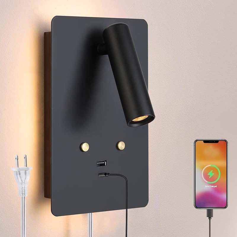 Lámpara de pared con USB y control tactil para dormitorio