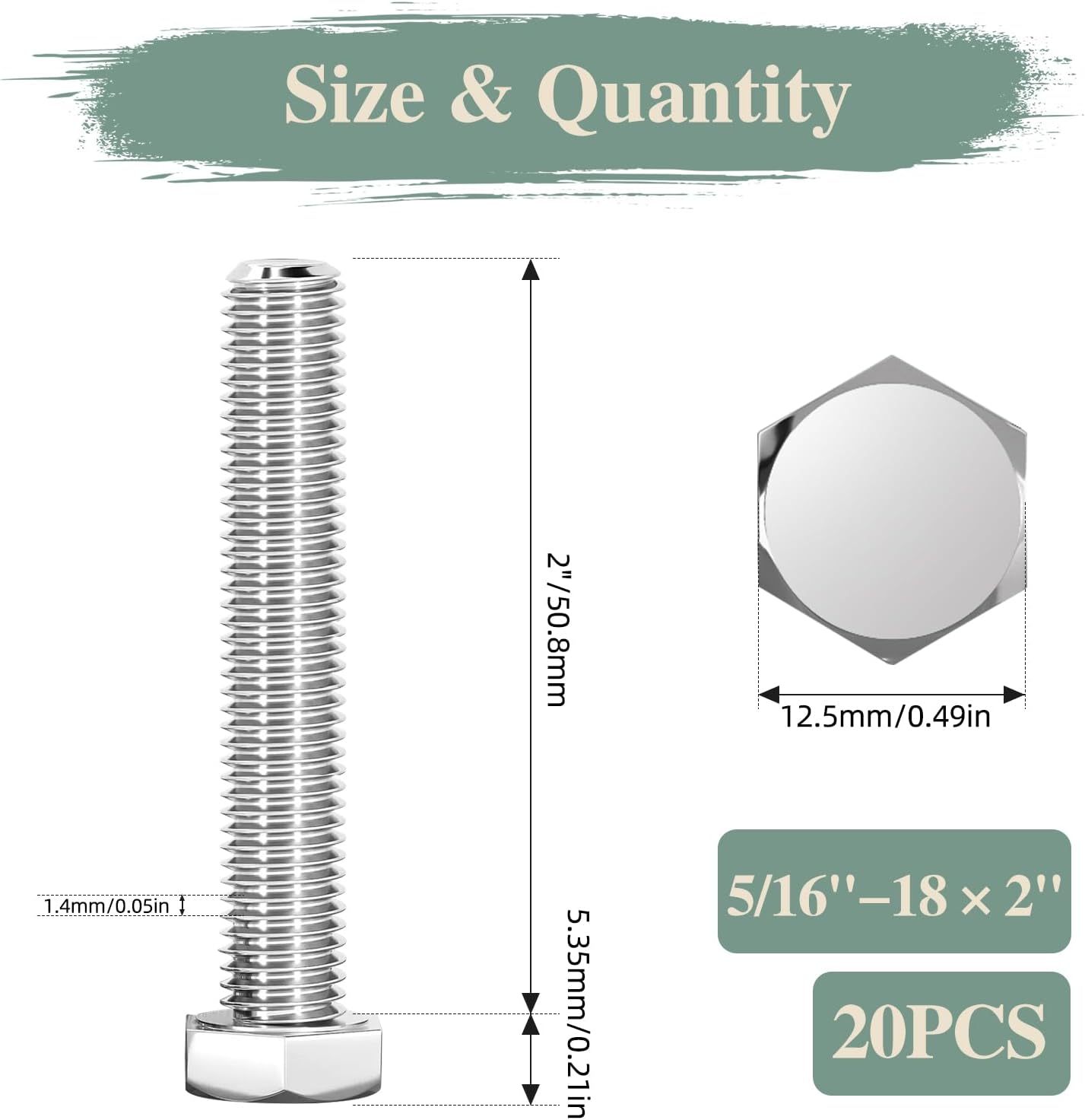 Tornillo hex 5/16pulg 18x2 acero inox 304 20pzas