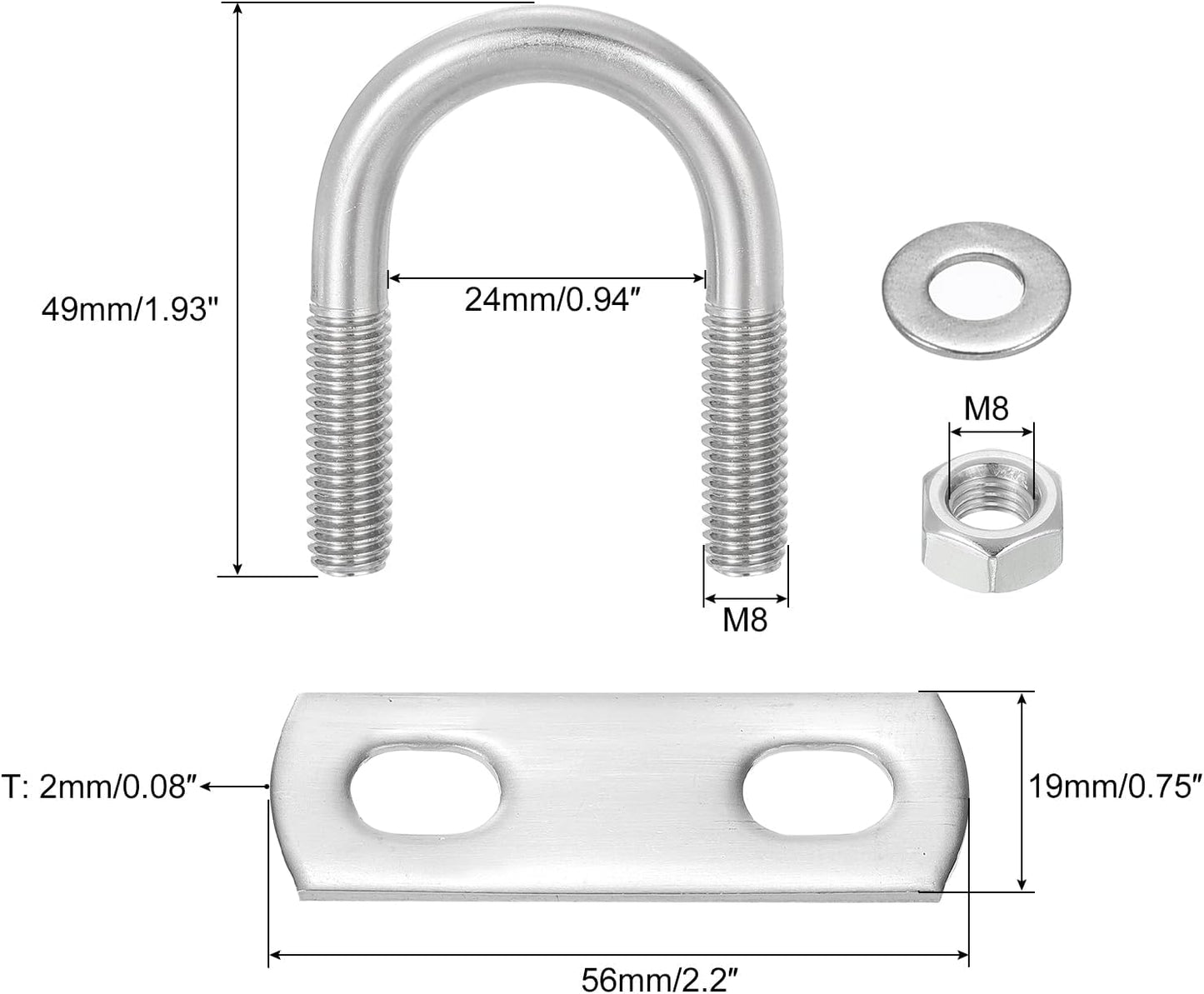 Pernos en U M8 acero inox 0.94pulg con tuercas para remolque