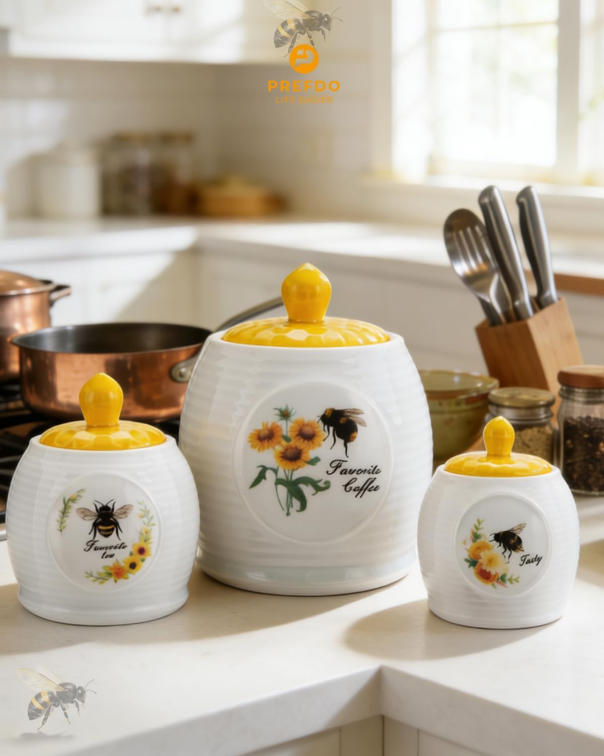 Set 3 Botes Cerámica Encimera Cocina Airtight Té Azúcar