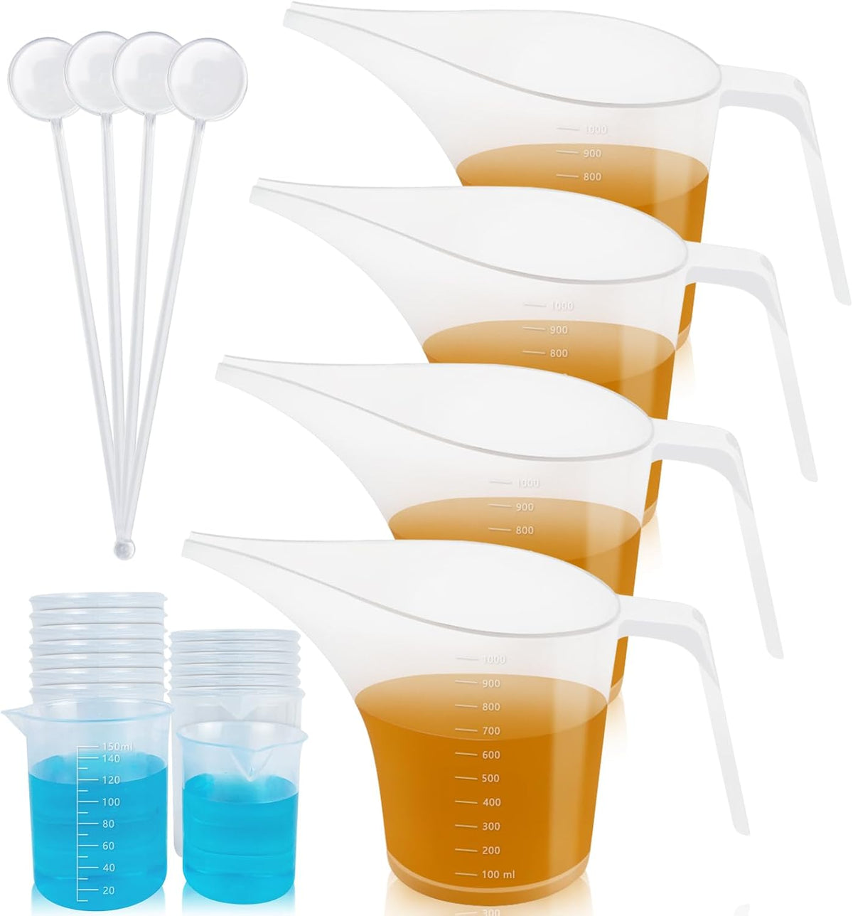 Set 4 Jarras Plástico 33.8oz con Embudos y Tazas Medidoras