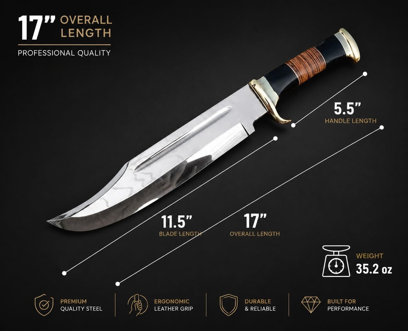 Cuchillo Dundee Bowie 17pulg hoja fija cuero
