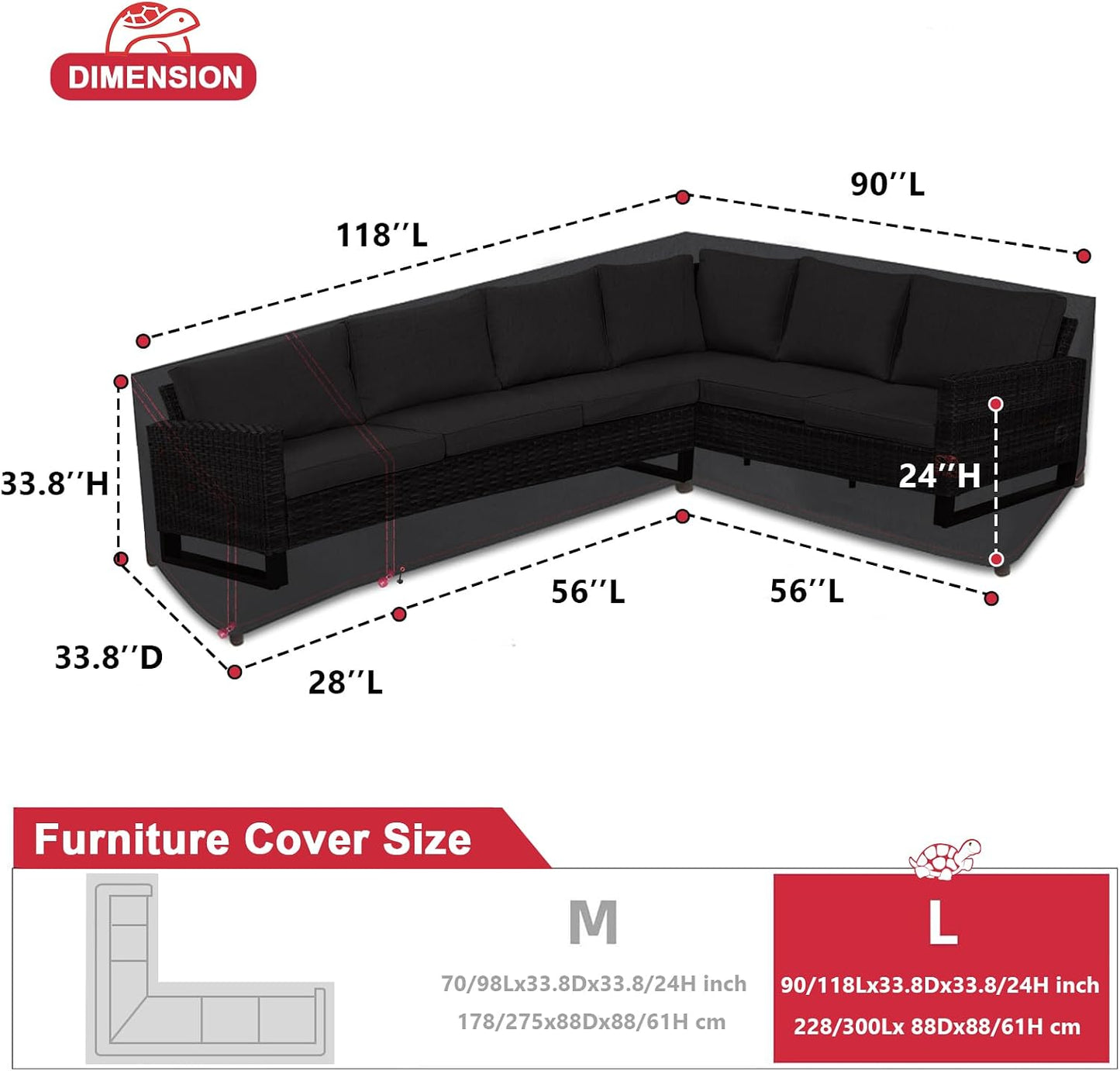 Funda sofá patio forma L negro 90x118"