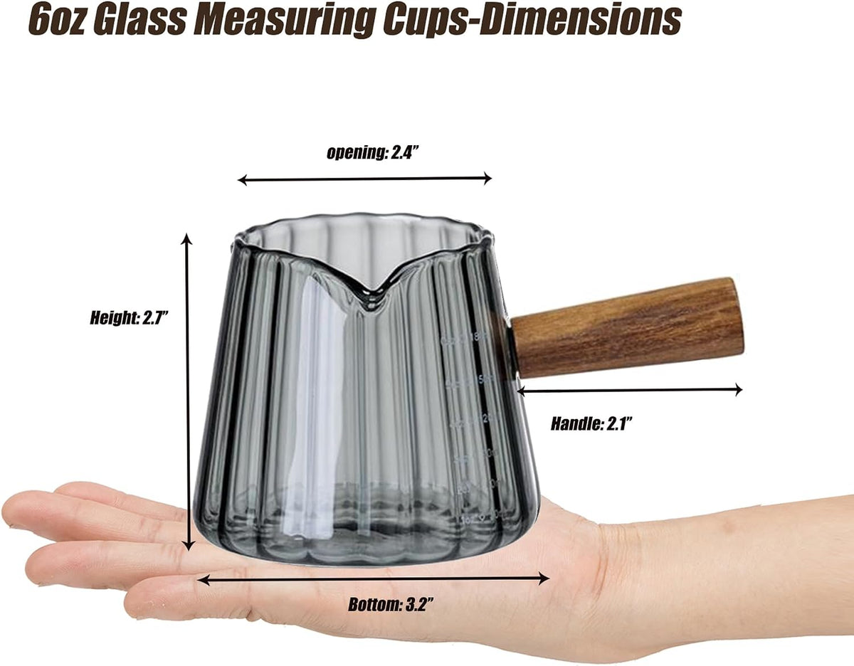 Taza medidora 6oz vidrio borosilicato desagüe V gris