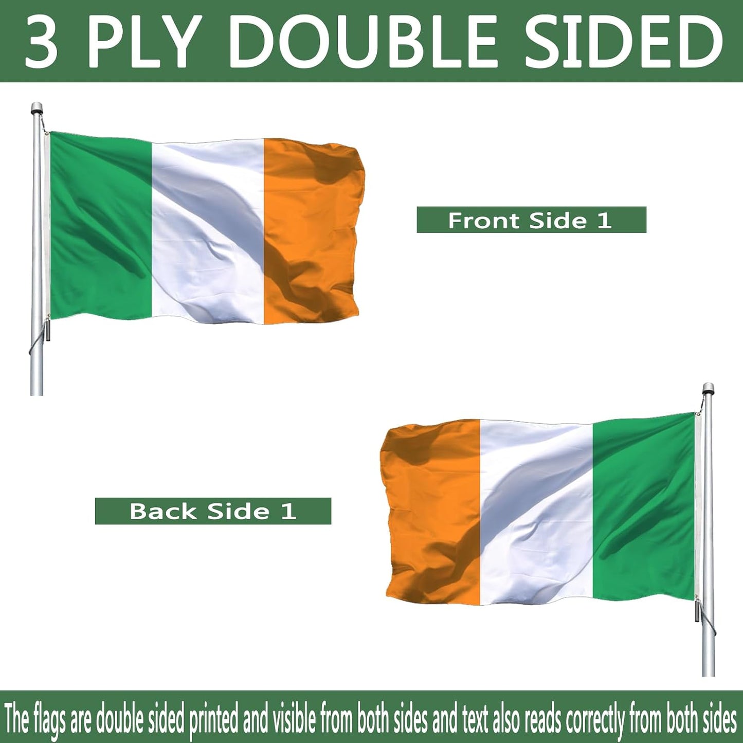 Bandera Irlandesa 3x5" Exteriores Doble Cara Resistente