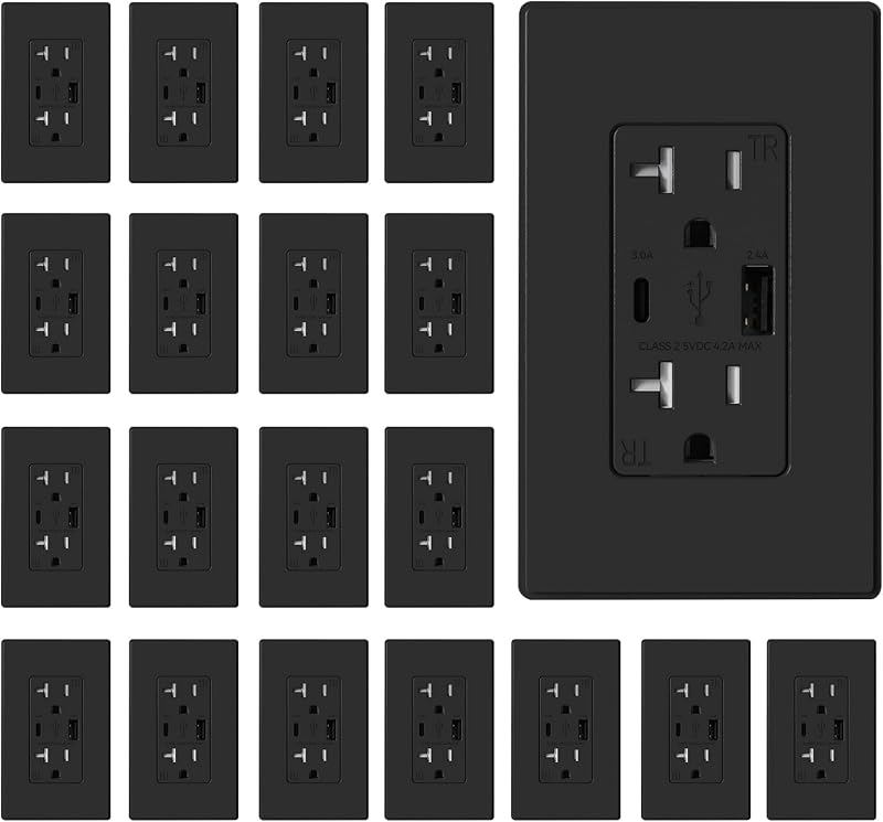 Toma pared USB A y C 20A NEMA 5-20R UL negro mate