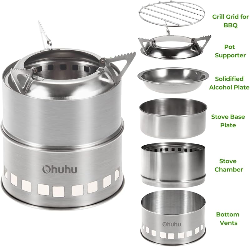 Estufa leña portátil acero inox para campamentos