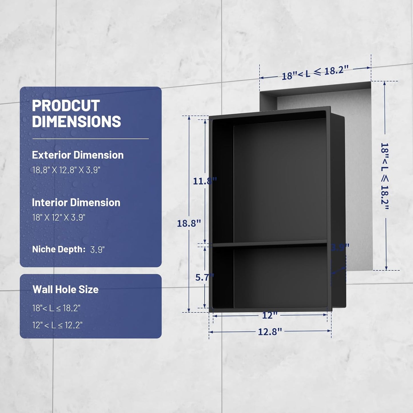 Nicho ducha acero inox 13x19" estantes dobles negro