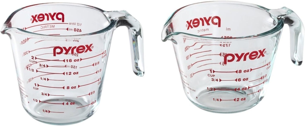 Set 1 y 2 Tazas Medidoras Transparentes con Medidas Rojas