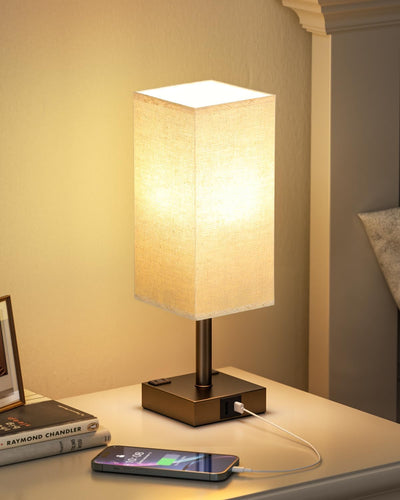 Lámpara mesa táctil marrón con USB A/C y tomas CA LED E26