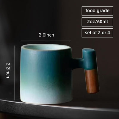 Tazas Espresso Cerámica 2oz Mango Madera Set 2/4 Pzas Cafetería