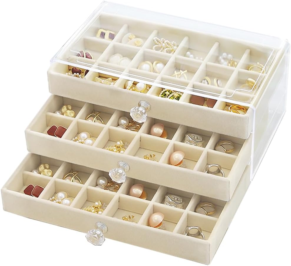 Caja terciopelo beige 3 cajones para pendientes y anillos