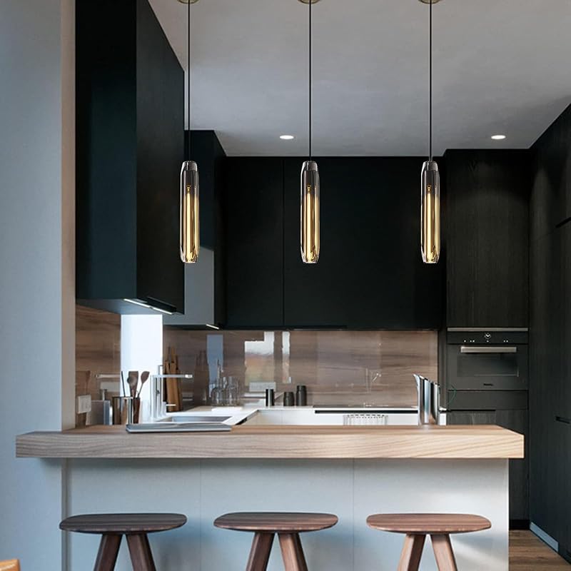 Luz colgante isla cocina gris humo pantalla cristal